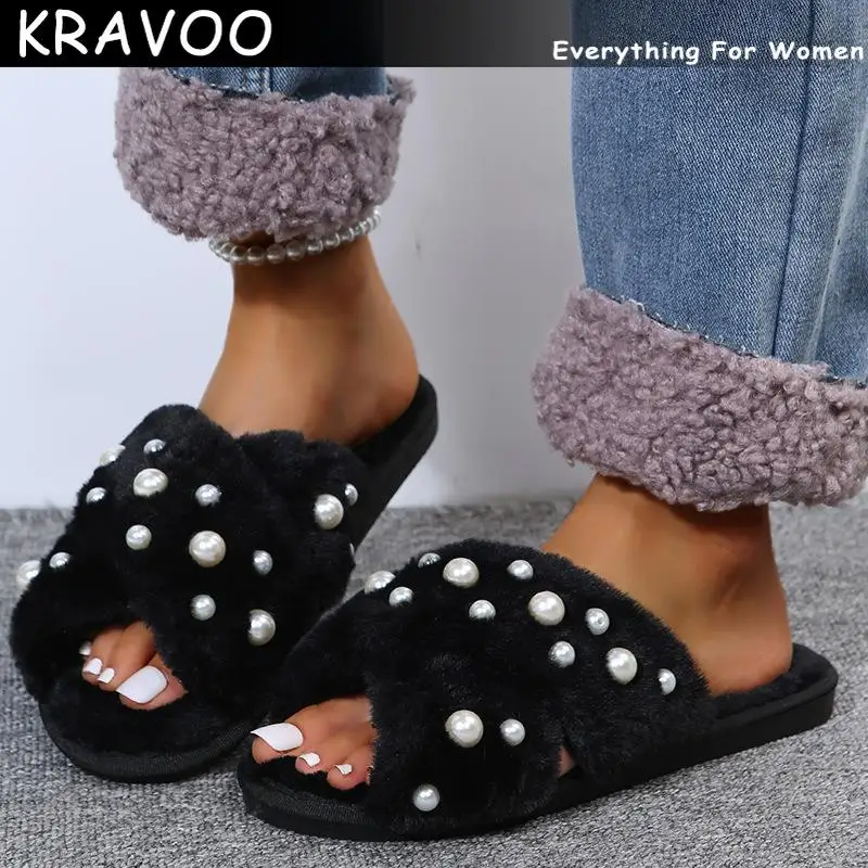 

KRAVOO Shoes for Women Cross Strap Plush Slippers Women's Pearl Sandals Women Outdoor Casual Peep Toe Beach Slides 2023 Summer