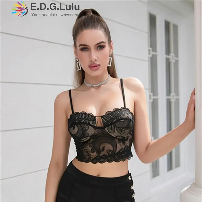 

Сексуальный кружевной женский бюстгальтер EDGLuLu с вышивкой, топ на бретелях-спагетти, черный сексуальный бюстгальтер, майка, топы, кофта 0511