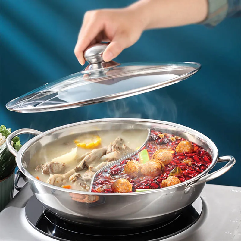 

Chinese Hot Pot with Lid Thicken Stainless Steel 2 In 1 Divided Hotpot Kitchen Cooking Pan with Cover Gas Stove Induction Cooker