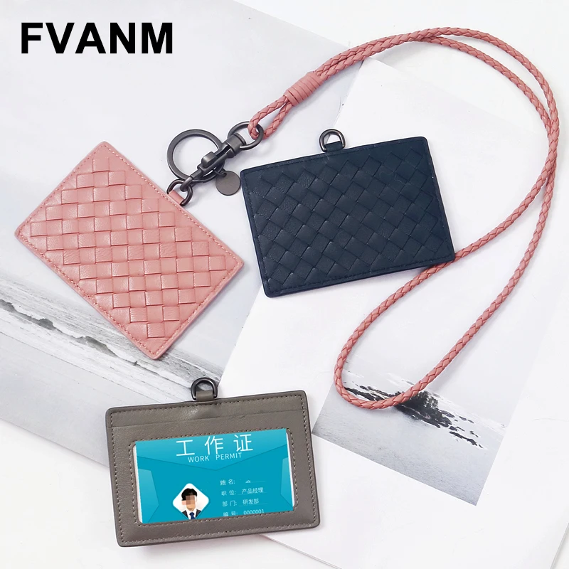

2022 New Sheepskin Woven Horizontal Employee ID Work Card Access Control Neck-Hanging Card Cover Simple Business Fashion Couple