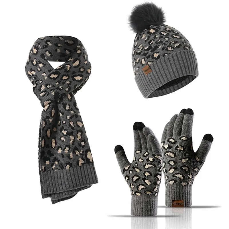 

Leopard Beanie Hat Scarf Touch Screen Gloves Set with Pom,Women Winter Warm Knit Set,Gray