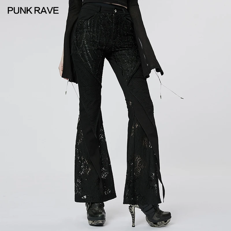 PUNK RAVE Women's Gothic Gorgeous Elegant Lace Mesh Flared Long Pants Daily Sexy Black Women Trousers Spring/Autumn