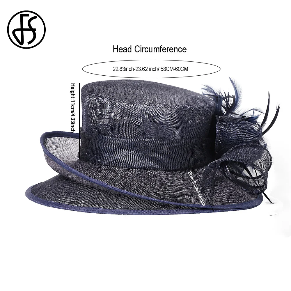FS Темно-синие шляпы Sinamay с плоским верхом для женщин цветочным пером свадебная