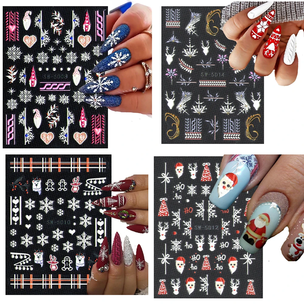 

1Pcs 5D Winter Embossed Nail Sticker Xmas Snow/Elk Manicure Decals DIY 2023 New Year Engraved Slider Nail art Decoration #SW-5D*
