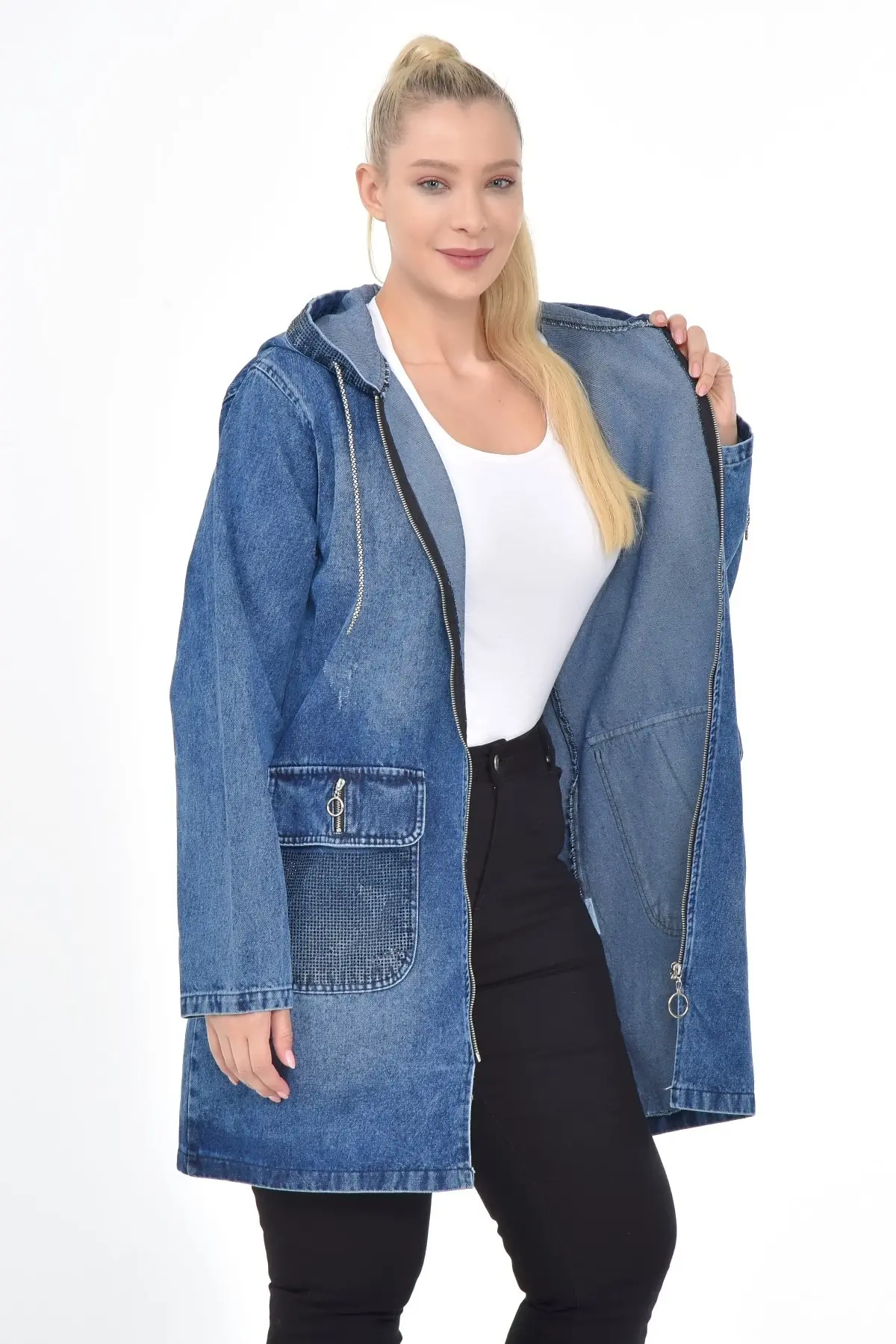 Diaves Plus Size Women Autumn Winter Casual Thick Denim Jacket Loose Hooded Warm Jean Coat Outerwear Turkish Quality