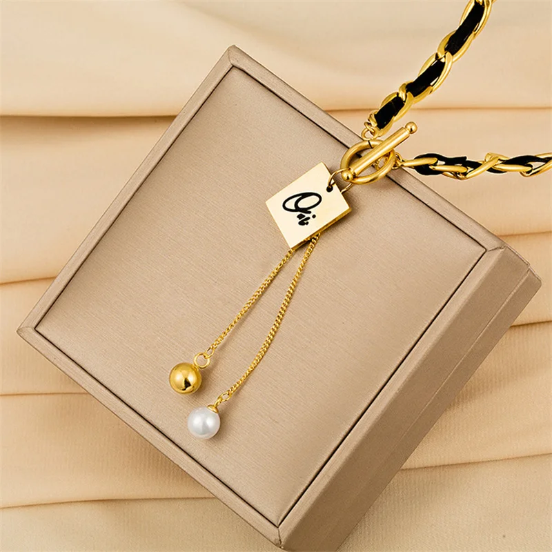French Woven Stainless Steel Pendant Necklace Women Hip Hop Trend Luxury Leather Pearl Collarbone Chain Party Jewelry |