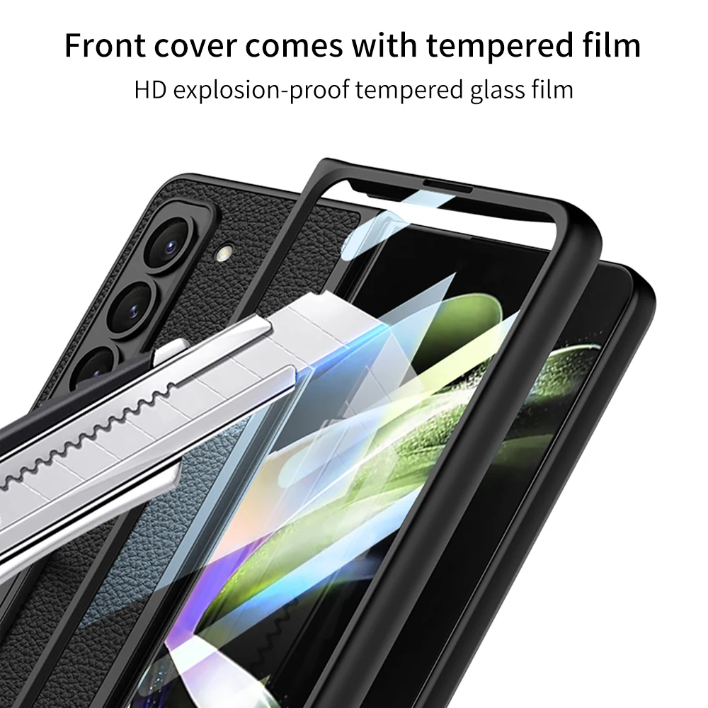 For Samsung Galaxy Z Fold 5 Case Ultra Thin Plain Leather Matte Bracket With Tempered Film Folding Shockproof Protection Cover