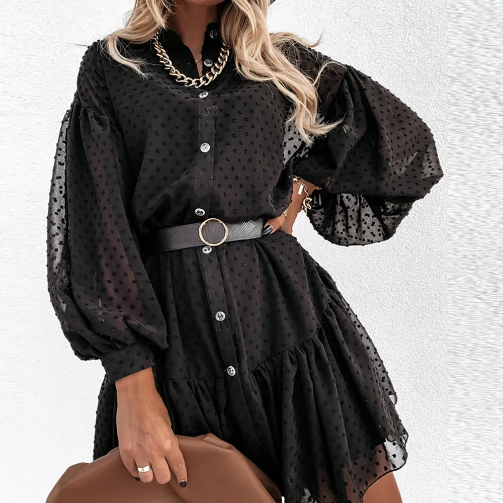 

Spring New Elegant Mesh Dresses Gothic Black Dot Party Vestidos Long Sleeve Button Ruffle Ladies Mini Dress Za Women Christmas