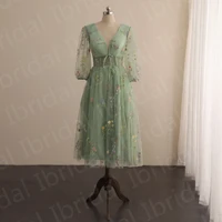 charming green mother dresses tea length wedding party gowns with 34 sleeves v neckline mother of the bride dresses back out