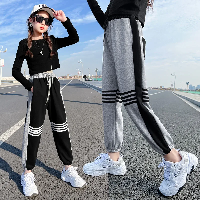 

2022 spring new girls sports pants fashion color matching sweat pants loose casual children's trousers