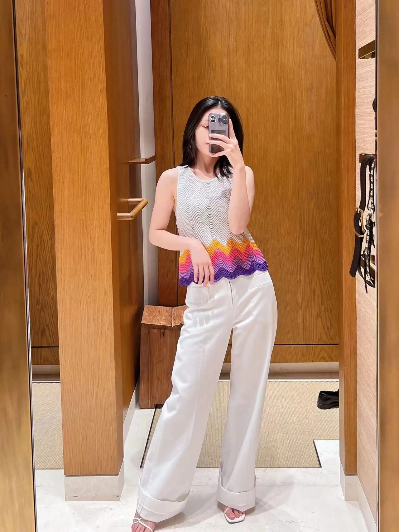 

Women Tank Top Sleeveless Rainbow Striped Knitted Casual Vest