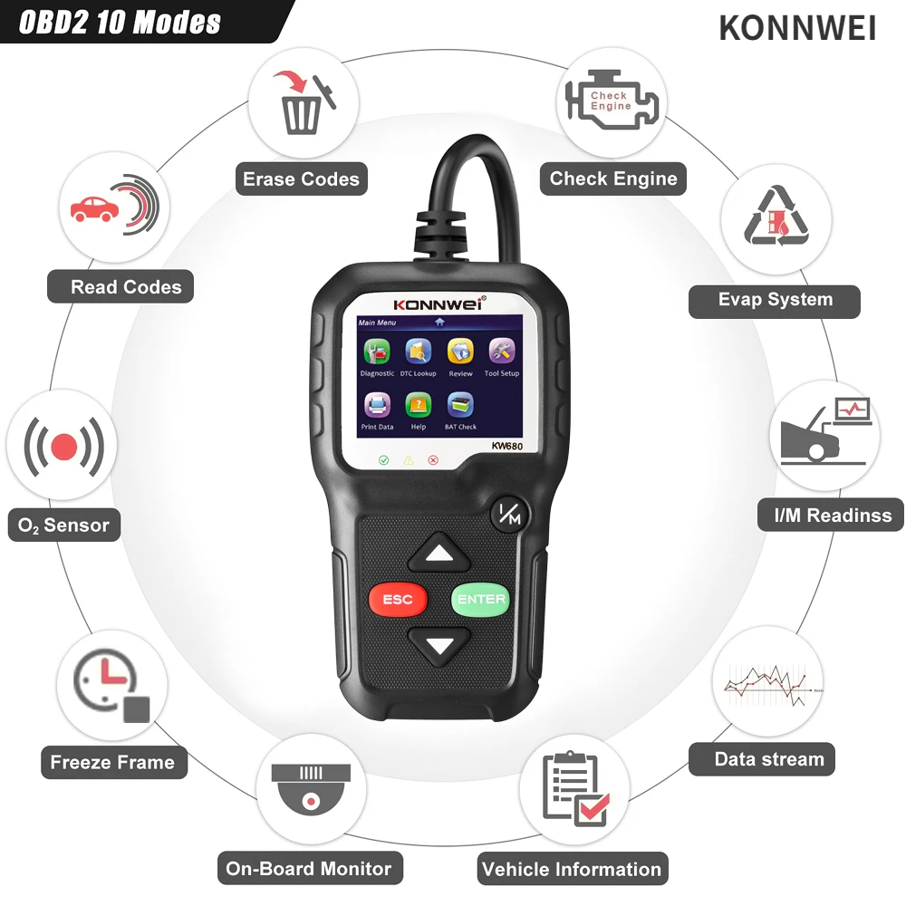 Автомобильный OBD-диагностический прибор KONNWEI KW680, 12 В, сканер OBD2, автомобильный диагностический инструмент, считыватель кодов на 8 языках, автомобильные инструменты