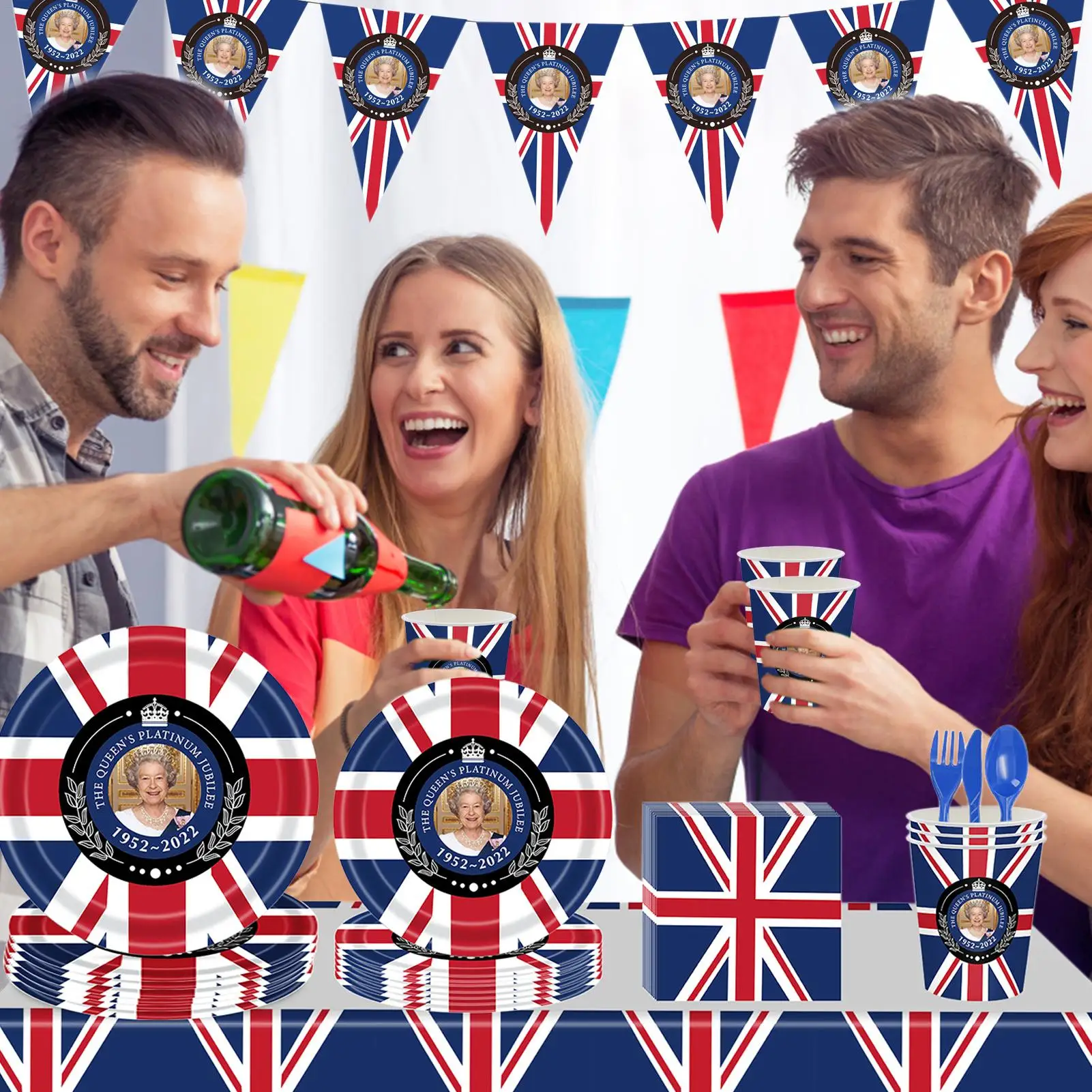 

118Pcs British Flag Tableware Kit | Union Jack Tableware Party Supplies | Union Jack Tablecloth/Plat