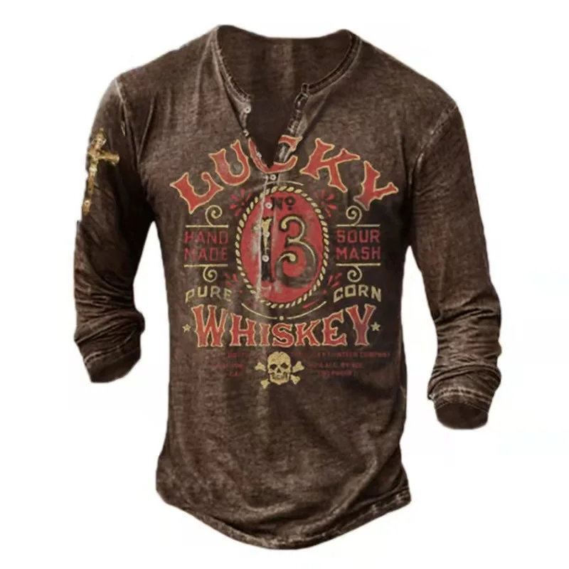 Мужская Винтажная футболка на пуговицах Повседневная Свободная с длинным