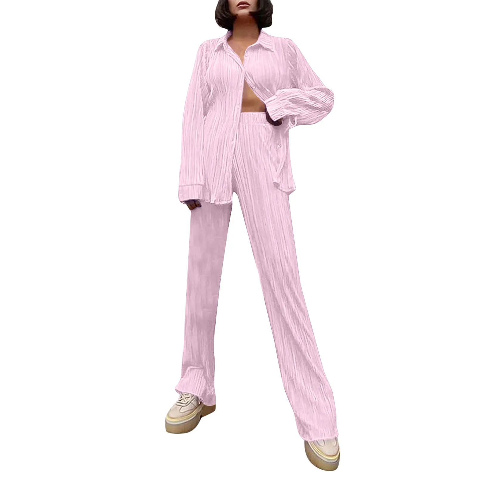 

Pleated Women's Set Long Sleeve Shirt Tops and Straight Wide Leg Pants Elegant Tracksuit Two 2 Piece Set Fitness Outfits