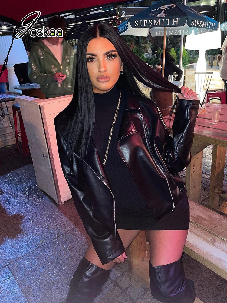 

Joskaa Solid Lapel Long Sleeve Irregular Pu Leather Jacket Black Jacket Zip Up Coat Women Clothing Winter 2021 Party Clubwear