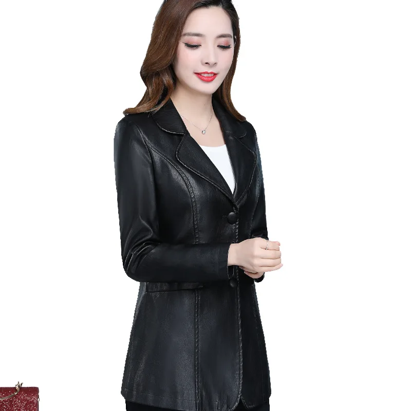 Burgundy Lady Clothes Long Autumn Winter Coat Short Leather Clothing Women's Suit Collar Slim PU Leather Jacket Women's