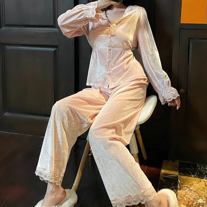 

2Pcs Winter Warm Flannel Women's Lace Up Pajamas Set Long-sleeved Trousers Suit Velvet Female Soft Homewear Clothes For Women