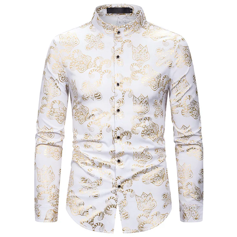

Mens Long Sleeve Mandarin Collar Dress Shirts White Floral Bronzing Print Party Nightclub Prom Shirt Men Business Casual Shirts