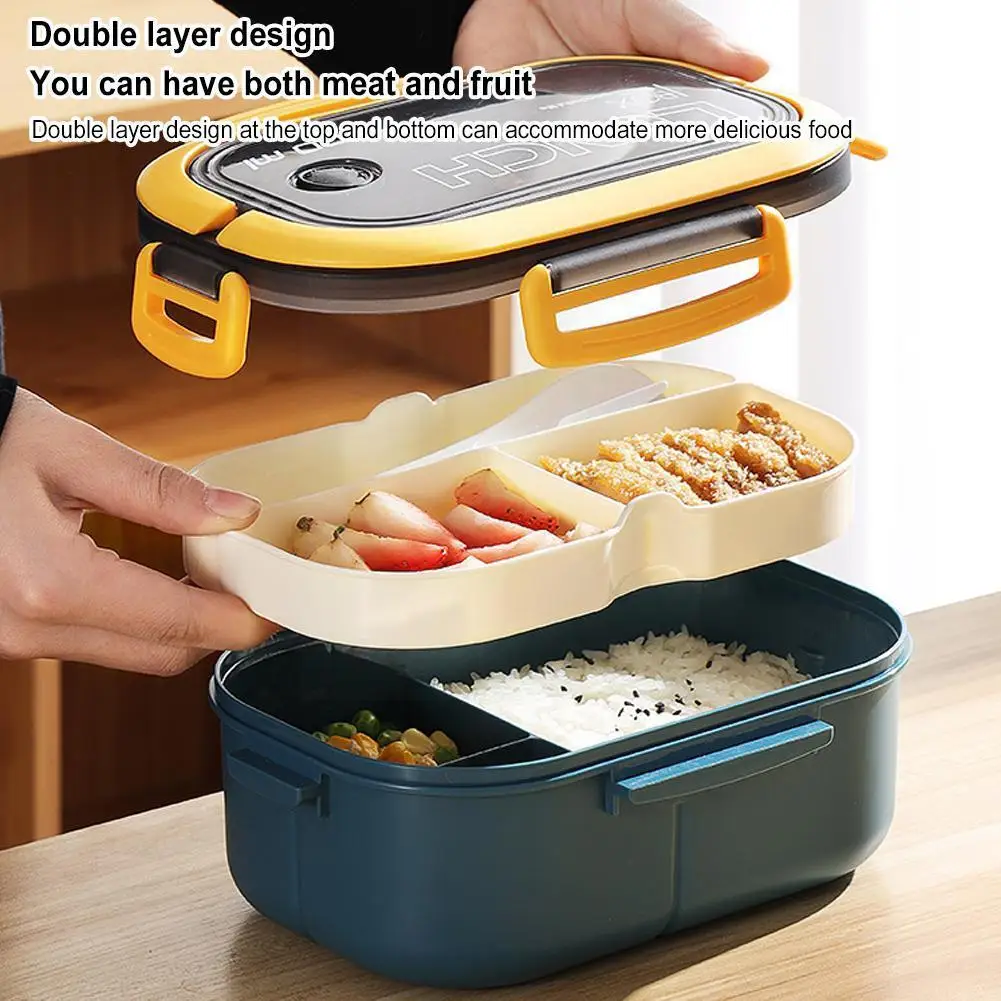 

Portable Sealed Lunch Box 2-Layers Mesh Kids Leak Proof Snack Bento Box Microwave Cutlery Safe Storage Food Box with L7C3