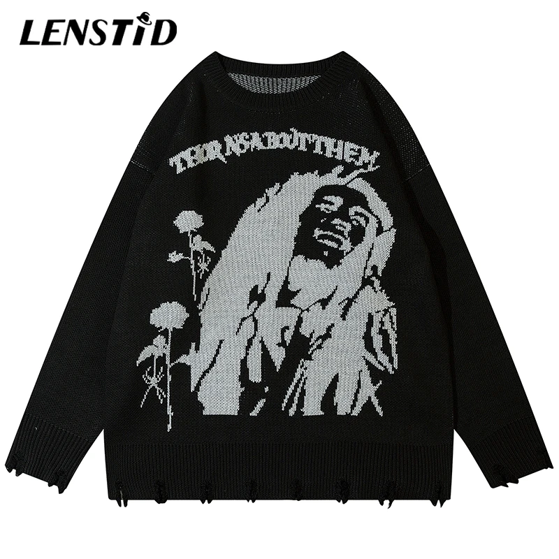 

LENSTID Autumn Men Oversized Knitted Jumper Sweaters Hip Hop Graphic Letter 2022 Streetwear Harajuku Fashion Casual Pullovers