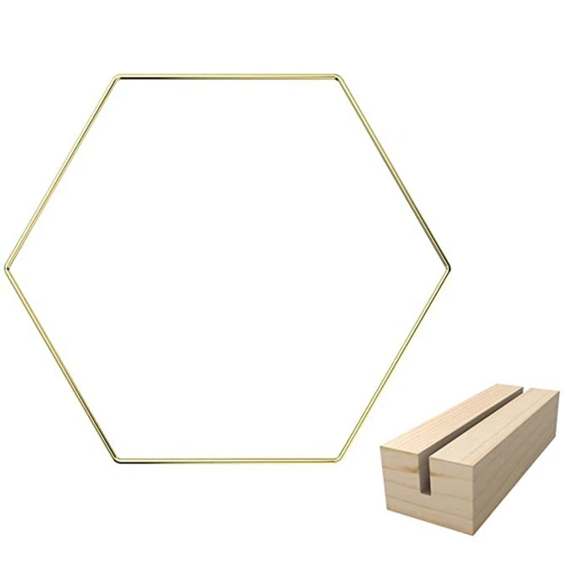 

448B 10 Pcs Hexagonal Metal Floral Hoop Wreath Macrame Gold Hoop Rings with Wooden Base for Making Wedding Wreath Decor