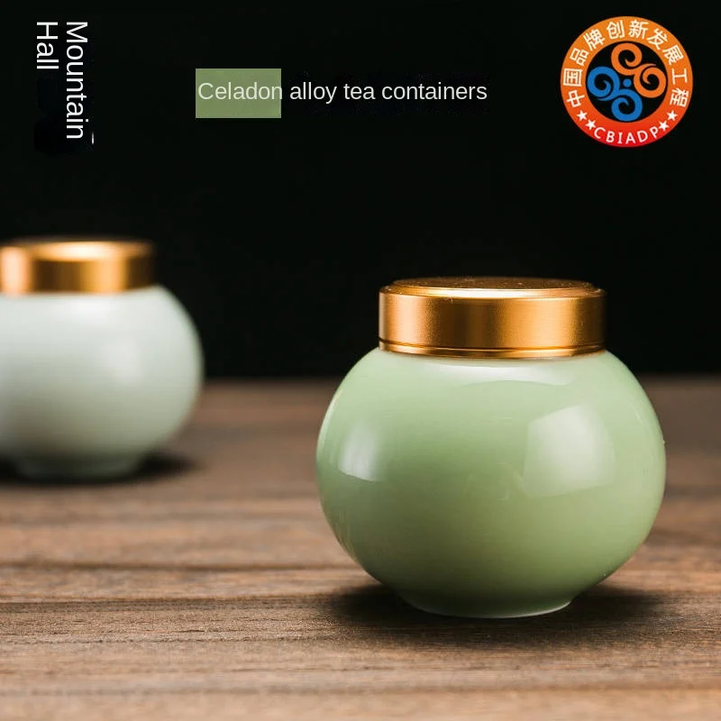 Celadon Tea Leaf Jar Small Ceramic Pu'er Sealed Jar Storage Tank Mini-Portable Tea Box Metal Cover