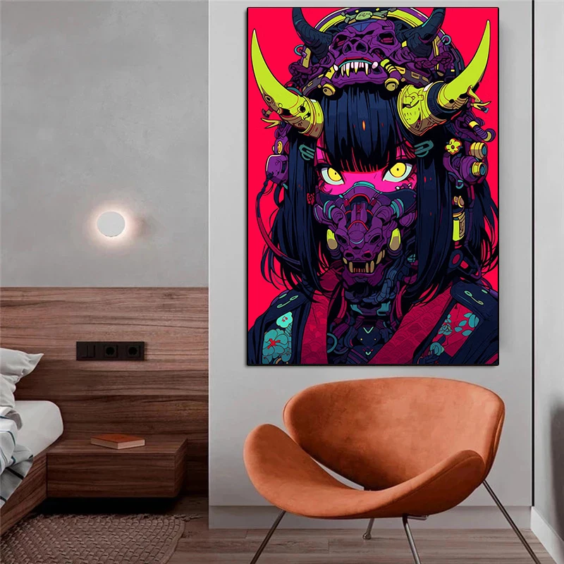 Киберпанк-ниндзя ацтекская девушка портрет многоцветный плакат Самурай будущее