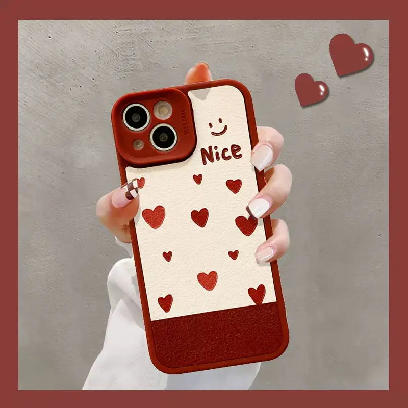 

Fashion Cute Love Heart Smile Leather Case For iPhone 13 Pro Max 12 11 XR X XS 7 8 Plus SE 2020 Soft Silicone Shockproof Cover