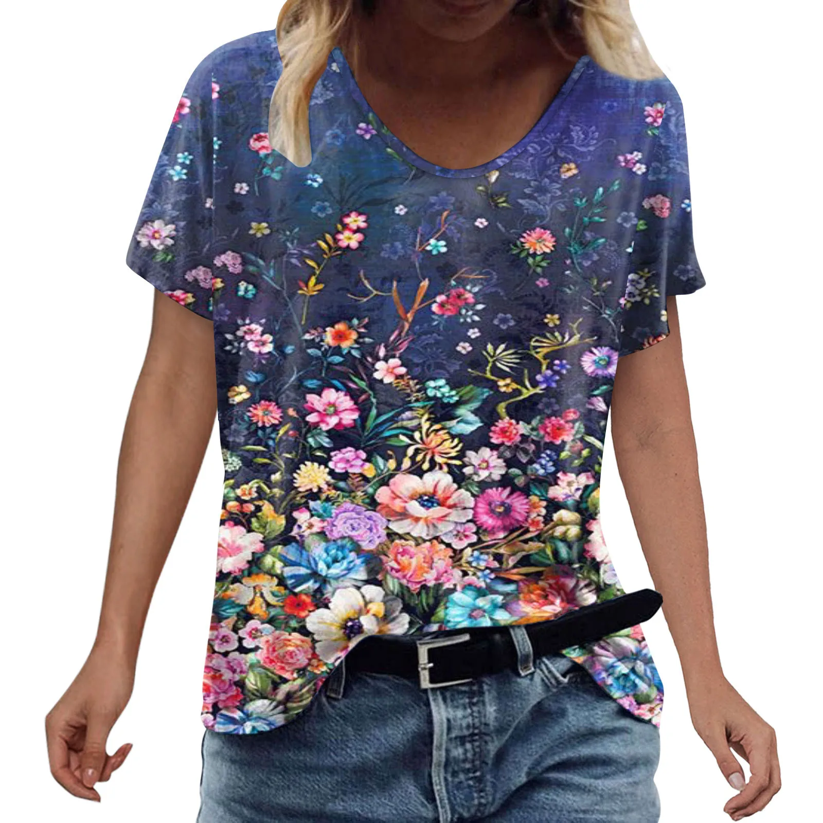 

Женская модная футболка, летняя рубашка с цветочным принтом, рубашка с коротким рукавом и круглым вырезом, Повседневная Элегантная футболк...