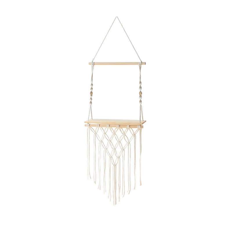 

Bohemian Macrame Tapestry Rack Wall Hanging Storage Wooden Shelf Hand-Woven Cotton Rope Tapestry Wall Decoration Shelves