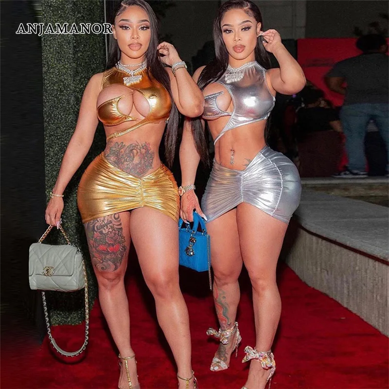 

ANJAMANOR Metallic Backless Mini Bodycon Dresses Sexy Club Wear Women Irregular Cut Out Bandage Dress Summer 2022 D96-CC16