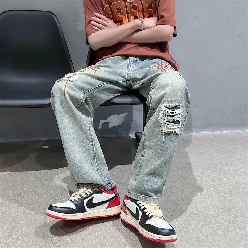 Popular Hot Style Trendy Classic Ripped And Letters Denim Jeans Special Design Full Length Comfortable Long Pants For Youth