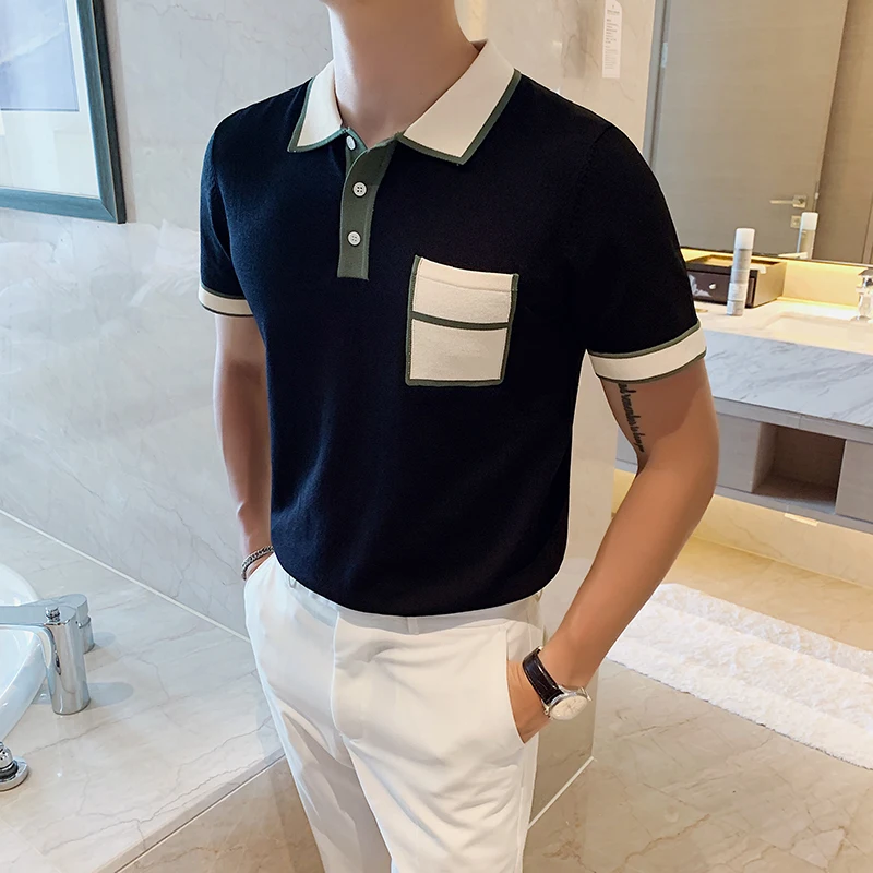 

2022 Stretch Men's Ice Silk Solid Color Short Sleeved Loose Casual Slim T-shirt Male Business Polos Knitted Slim Fit Shirts L35