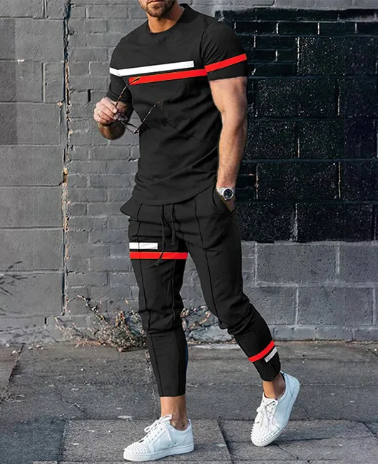 2023 Men's Trousers Tracksuit 2 Piece Set Fashion Sportswear Summer Streetwear Short Sleeve T Shirt+Long Pants Male Clothing