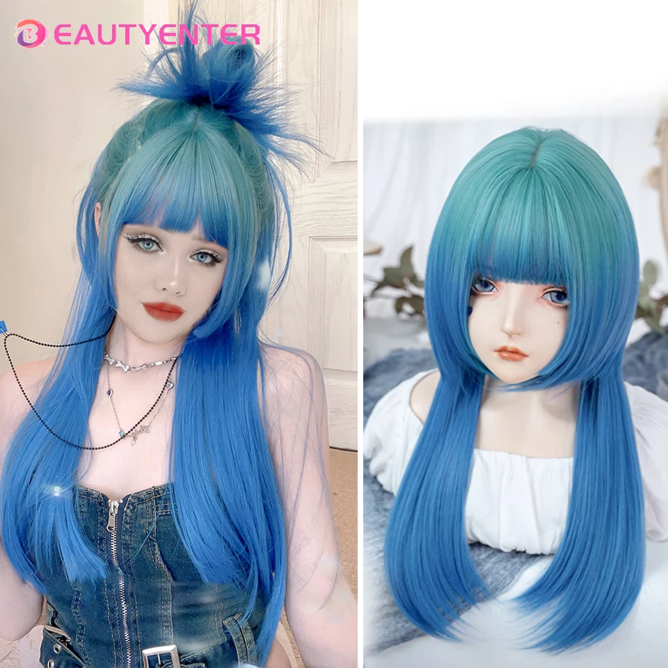 

BEAUTYENTER Synthetic Wigs Blue gradient Wavy for Women with Bangs Natural Wave Daily Cosplay Lolita Heat Resistant