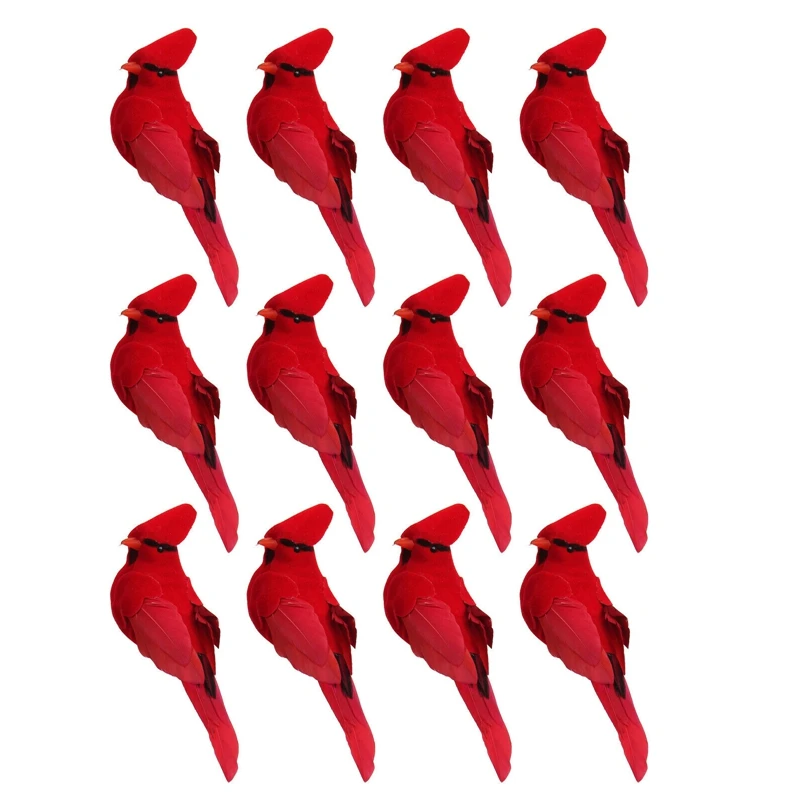 

JHD-12Pcs Clip-On Artificial Red Cardinals Christmas Ornaments Feathered Bird Xmas