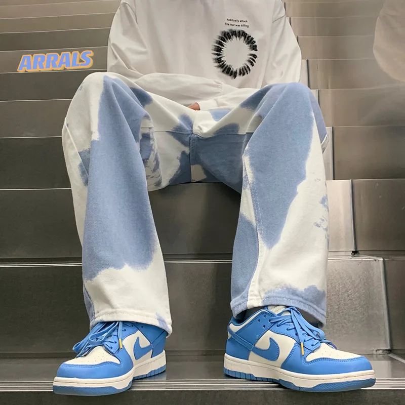 Blue Black Tie-dye Jeans Men Fashion Cotton Casual Baggy Jeans Men Streetwear Loose Hip-hop Wide-leg Jeans Mens Denim Pants