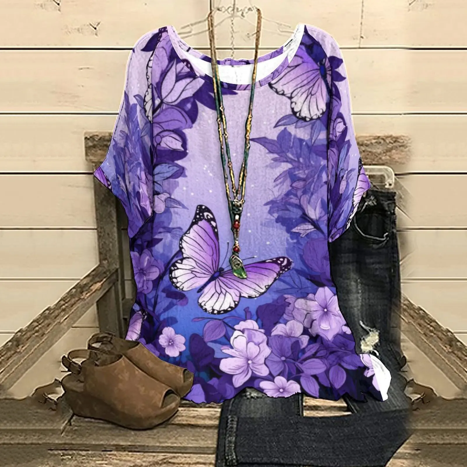 

Summer Women's Half Sleeve T-Shirt Fashion Butterfly Flower Print Retro Women's Clothing Top Tee