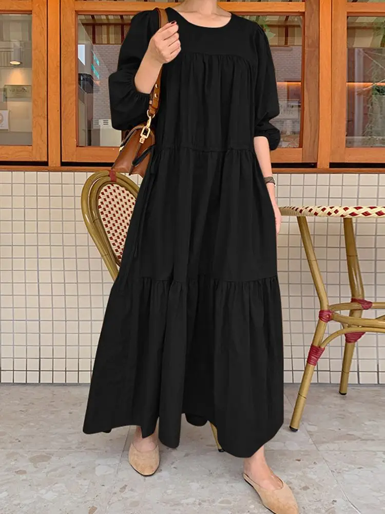 

ZANZEA Elegant Women Autumn Long Dress Fashion Solid A-Line Casual Vestidos Causal Long Sleeve O-Neck Sundress Oversize Robe