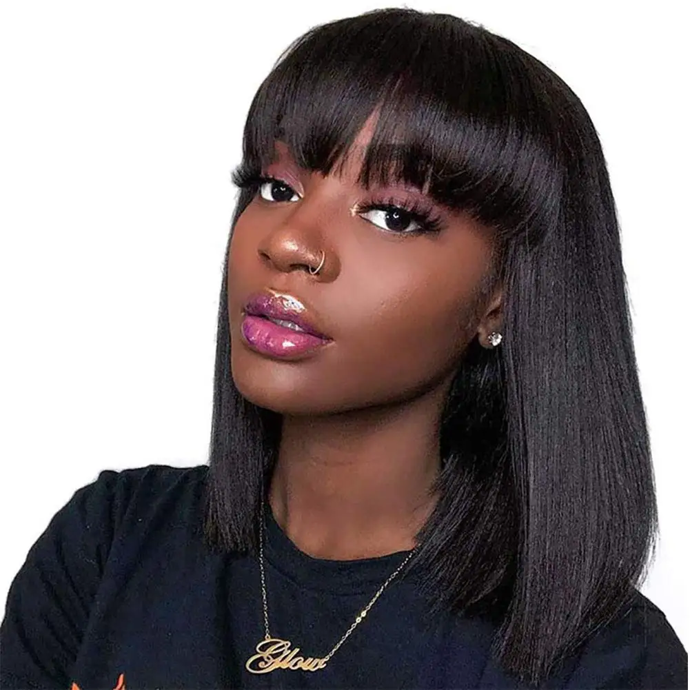 

SSH Short Straight Hair Bob Wigs Brazilian Human Hair Wig with Bangs Remy Full Machine Made Wig for Women 180% density hair wigs