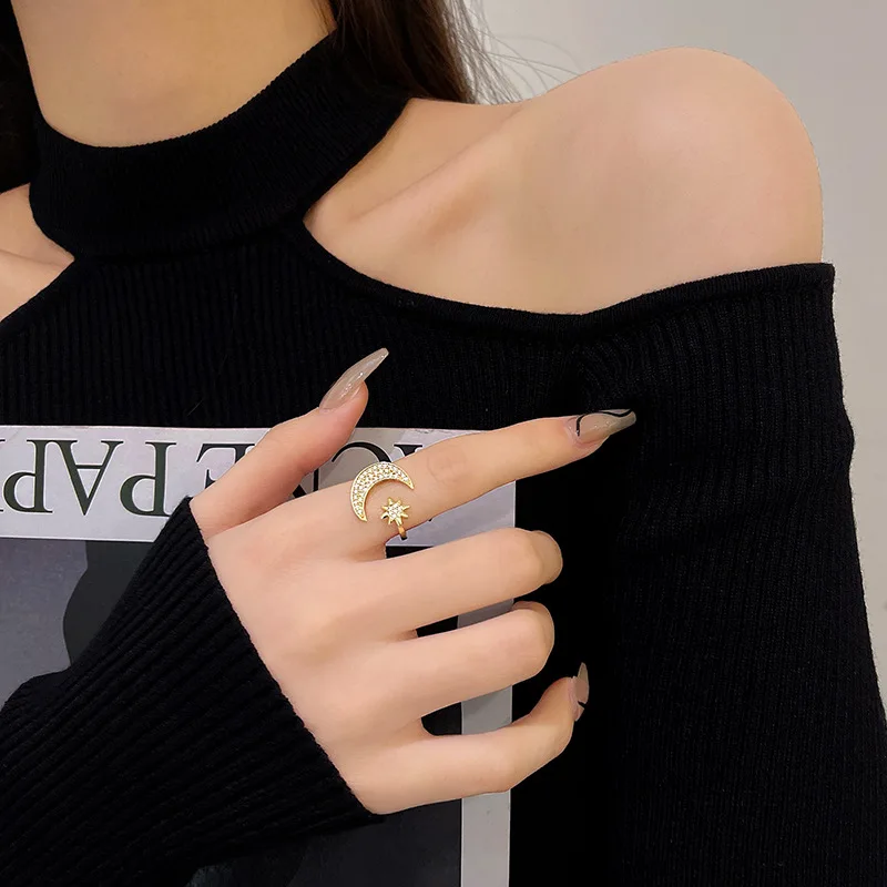 

New simple fashion star and moon diamond open ring female temperament exquisite adjustable ring fashion jewelry