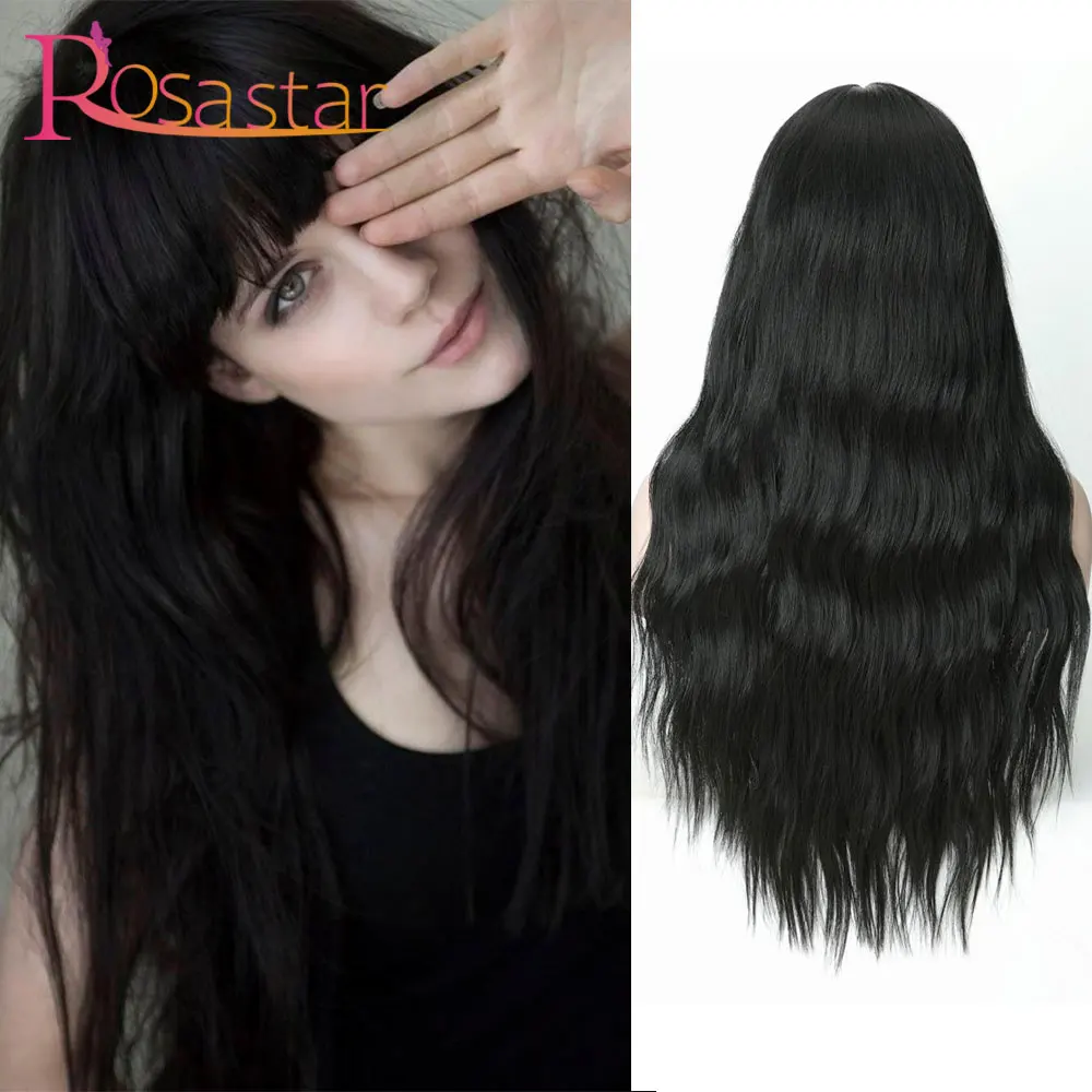 

Rosa Star Synthetic Long Dark Brown Black With Bangs Water Wavy Heat Resistant Fiber Wigs For Women For Cosplay Or Daily Use