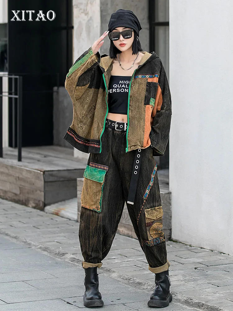 

XITAO Two Piece Set Women Fashion Vintage Distressed Denim Small Fresh Casual Style Pocket Minority Loose Hit Color WMD5375
