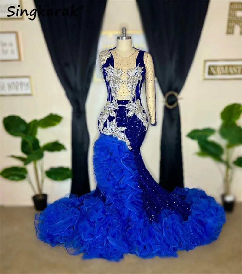 

Длинное блестящее платье для выпускного вечера ярко-синего цвета со стразами, модель 2024 года, вечернее платье с бахромой и бисером для дня рождения