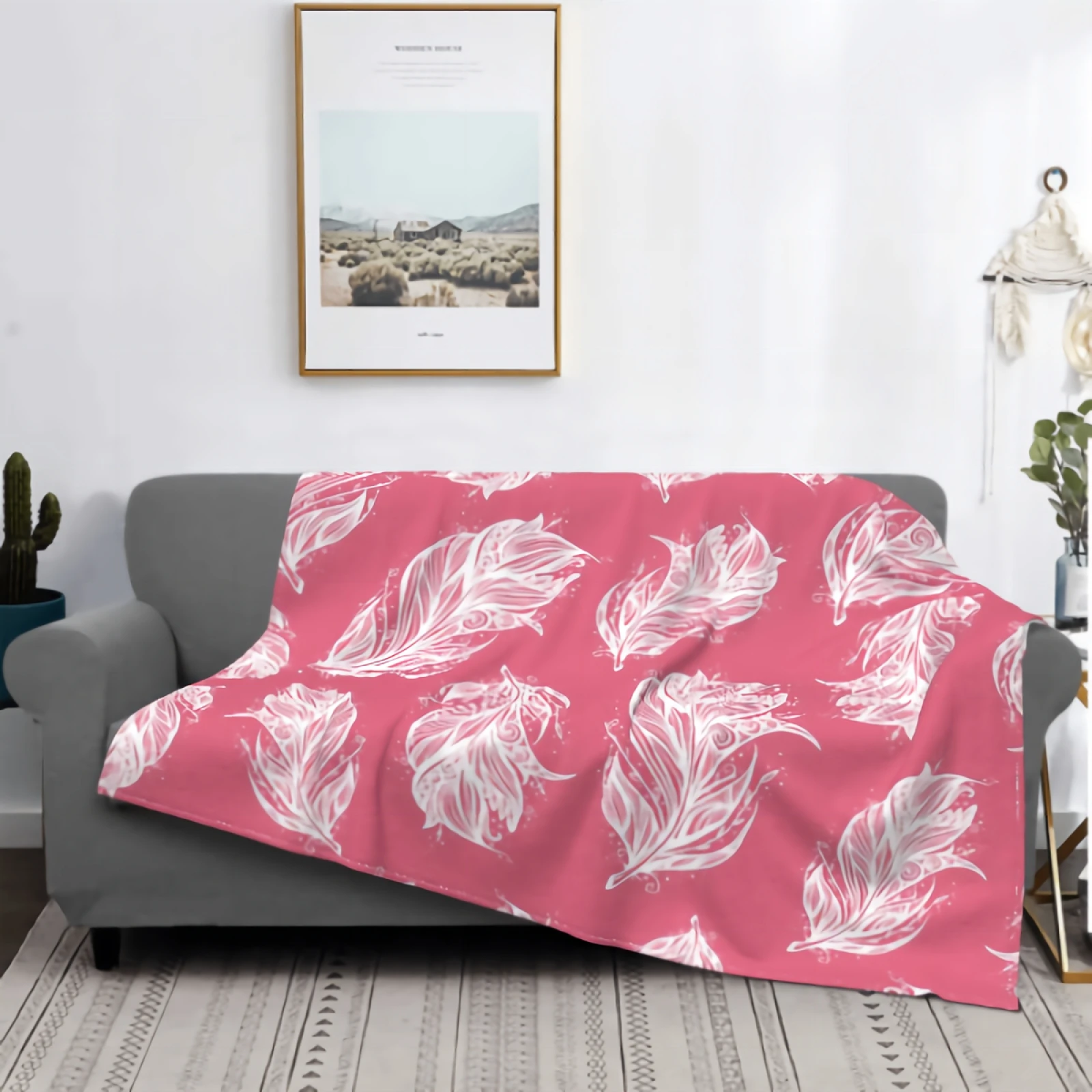 

Этнический узор красивые перья уютное теплое одеяло Белые птицы перья на розовом фоне супер мягкое флисовое покрывало