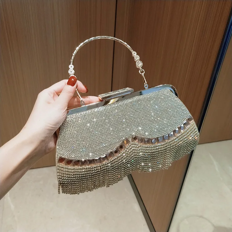 

Shiny Bling Women Dinner Handbag Ladies Tassel Silver Purse Clutch Rhinestone Handle Evening Bag