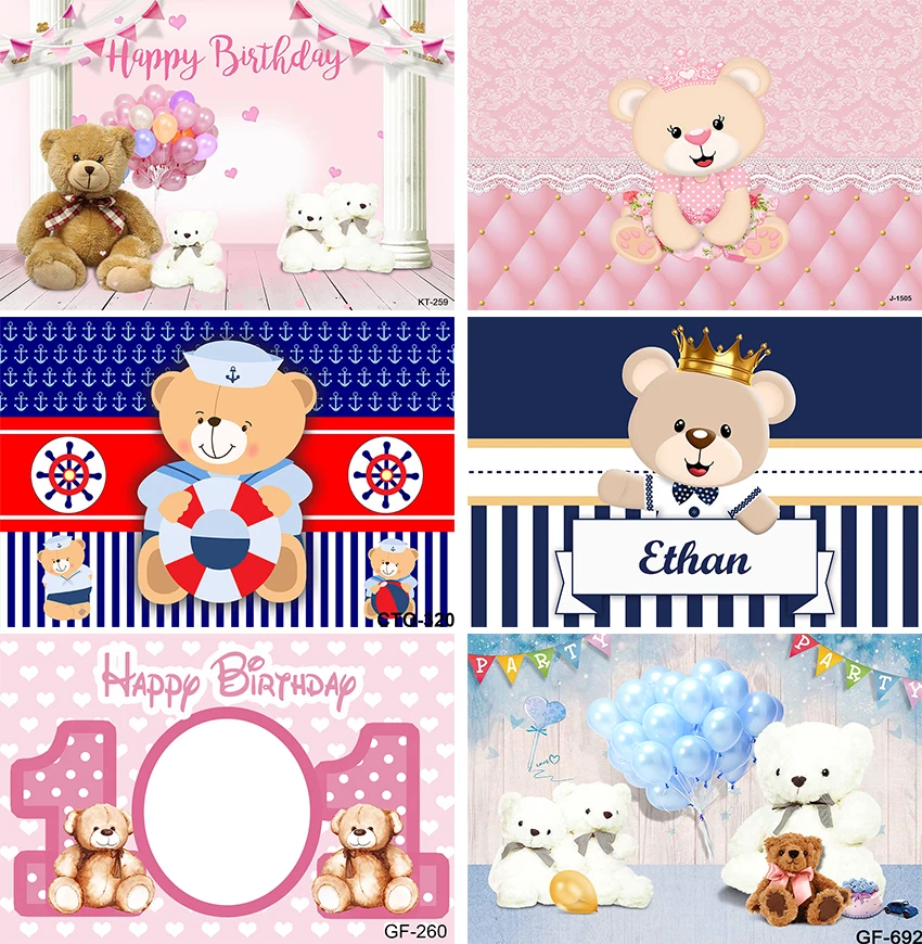 

Cartoon Bear Birthday Backdrop Pink White Stripes Newborn Baby Shower Birthday Party Photography Background Photocall