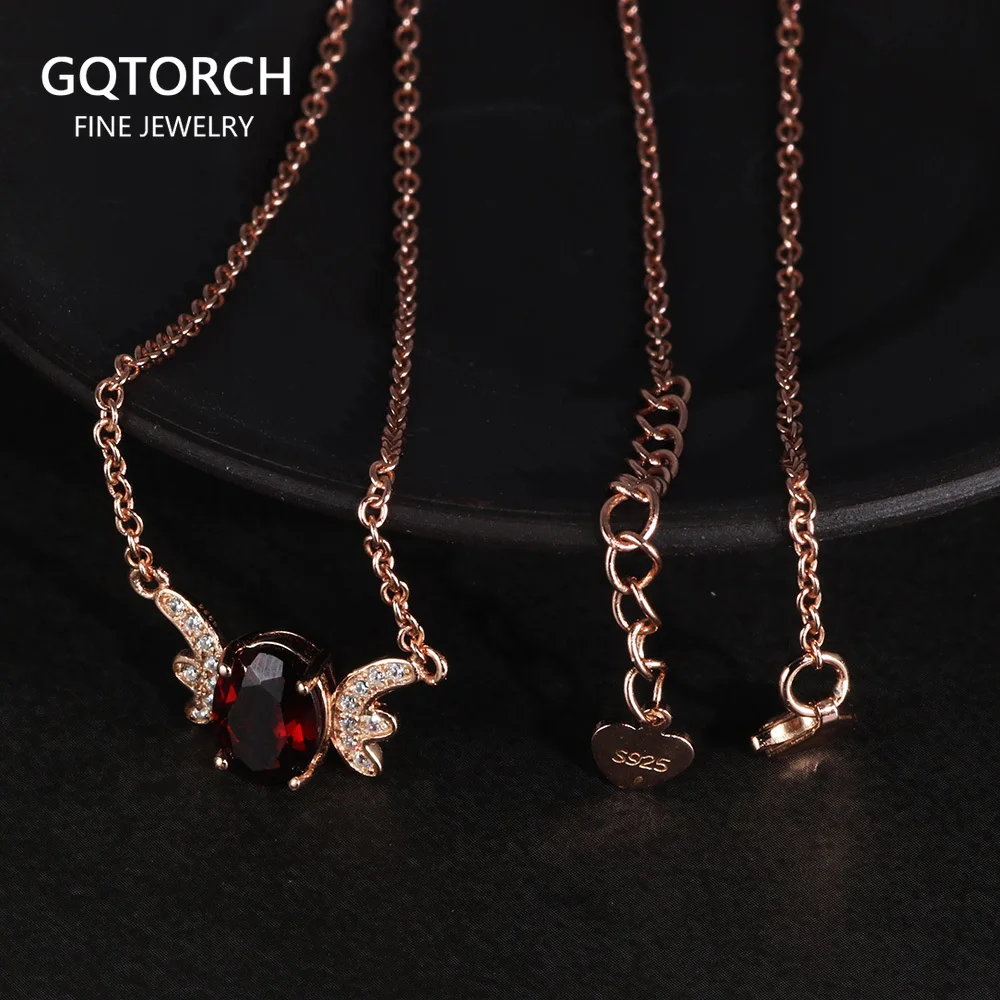 

925 Sterling Silver Pendant Necklace For Women With Wine Red Garnet Natural Stone Pendant Charm Choke Statement Necklace