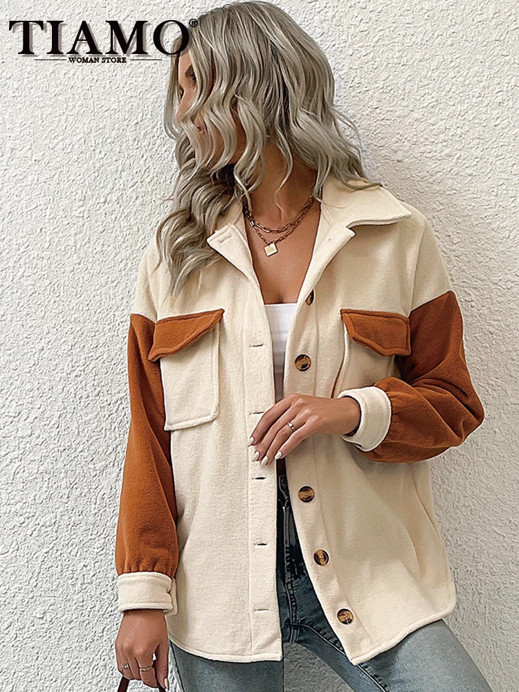 

TIAMO Casaul Women Jeans Patchwork Wool Retro Fleece Lapel Thickened Coat Long Sleeve Shirt Jacket Coat Wholesale Dropshipping